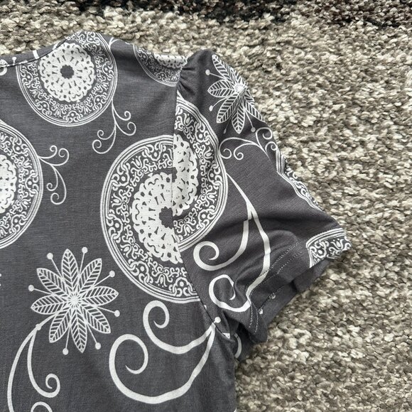 DJT FASHION (M) Gray White Paisley Floral Print Pleated Tee Scoop Blouson Top - Picture 10 of 11